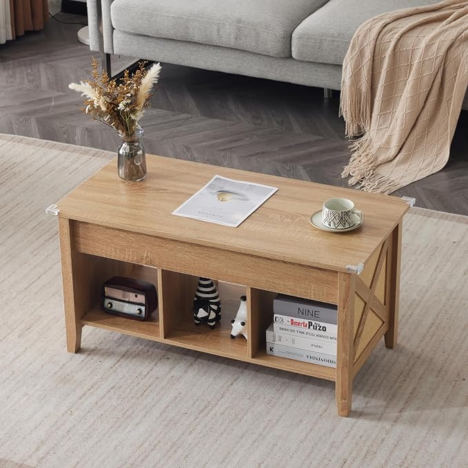 VINGLI Farmhouse Lift Top Coffee Table, Rustic Grey with Storage Shelf/Hidden Compartment, Mesa De Centro para Sala, Rustic Brown (Rattan Natural, 40" L)