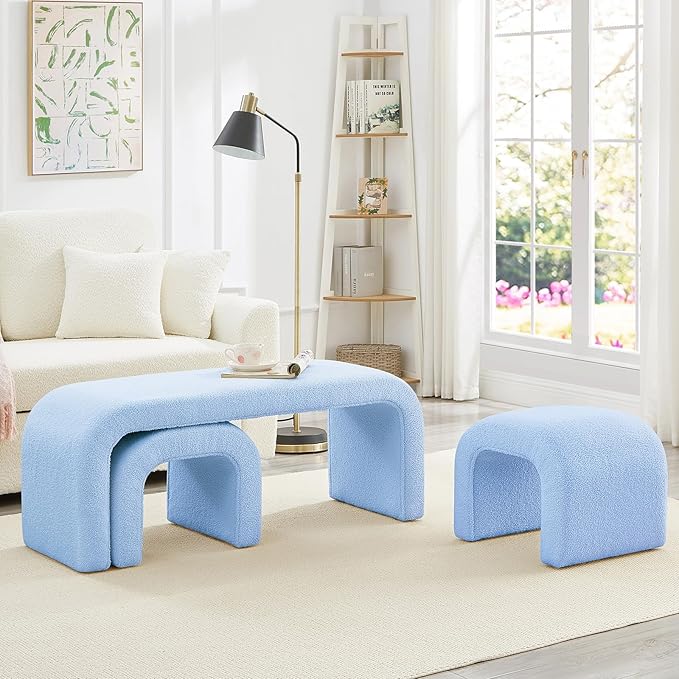 3-Piece Modern Ottoman Bench Set, 44" Wide Teddy Upholstered End of Bed Bench with 2 Foot Stools, Padded U-Shaped Entry Bench Vanity Stool for Living Room Bedroom (Light Blue)