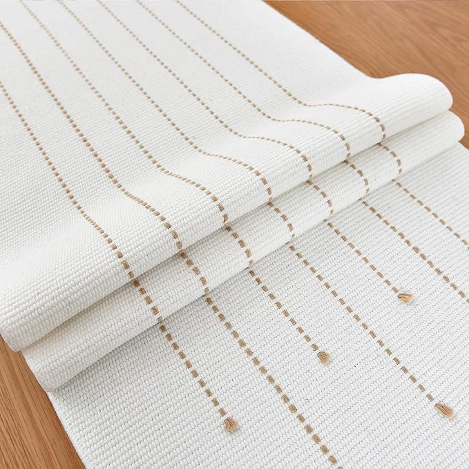 Boho Table Runner Natural Cotton Woven Runner with HandmadeTassels for Home Dining Table décor, for Modern Farmhouse Decor Coffee Table Runner (Khaki, 14x72Inch)