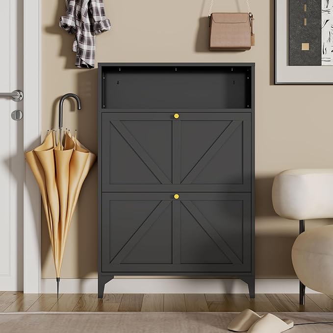 Silm Shoe Cabinet with 2 Flip Drawers,Hidden Shoe Storage Cabinet,Metal Freestanding Organizer,Narrow Shoe Cabinet Storage for Entryway,Hallway,Living Room(2 Door, Black)