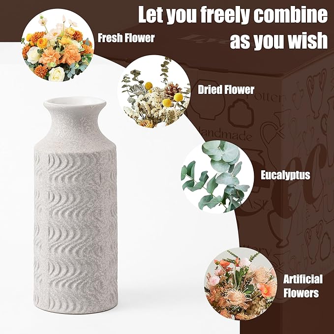 Ceramic Vases for Centerpieces - Large White Vase for Home Decor - 11 in Tall Rustic vase -Decorative Vintage Farmhouse Bud Vases for Table - Floral vases by Lyeec
