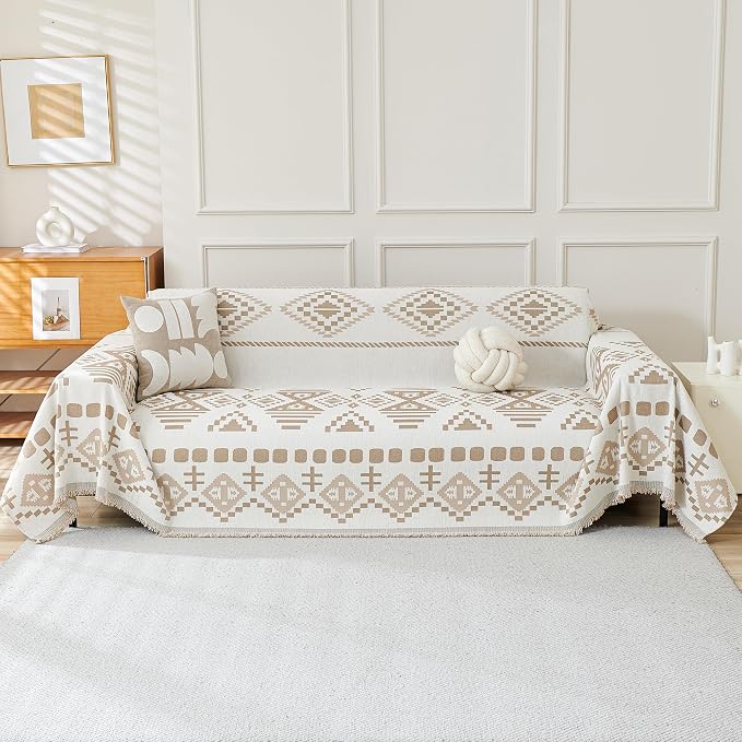 MEETSKY Boho Couch Cover Sofa Covers for Dogs，Decorative Soft Blend Washable Sofa Slipcovers Simply Put Sofa Throw Cover for Living Room, Khaki, 71" x 118"
