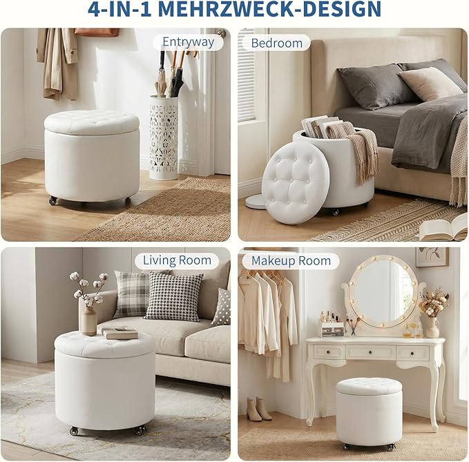 Furniliving Upholstered Button Tufted Round Ottoman with Wheels, PU Storage Ottoman Round, Removable Lid Convenient Footstools, Classic Ottoman with Storage for Vanity, Nursery Room, IvoryWhite
