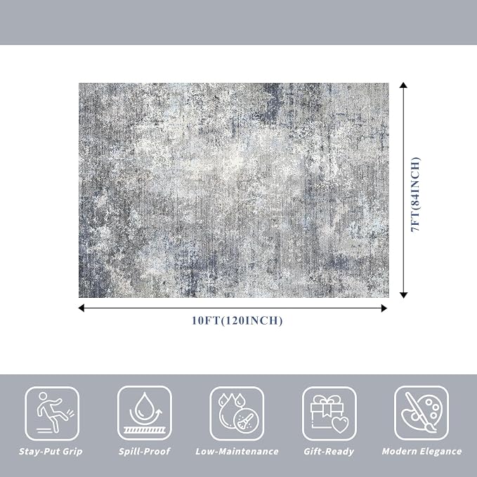 7x10 Rug for Living Room Washable – Non-Slip Soft Carpet for Bedroom Dining Room,Modern Neutral Abstract Low Pile Stain-Resistant Area Rug(Blue Grey,7x10)