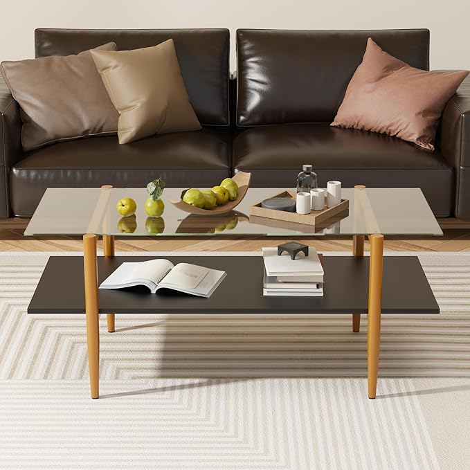 Furnify Glass Coffee Table, Rectangle Living Room Center Table with Golden Legs, Mid-Century Modern Accent Tables with Open Shelf for Living Room, Office, Black