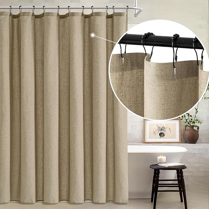 MIULEE Linen Shower Curtain with 12 Metal Hooks Washable Country Boho Farmhouse Heavy Buttonhole Fabric Shower Curtain Set Thick Cloth Neutral Waterproof Curtains for Bathroom W72*L72, Khaki