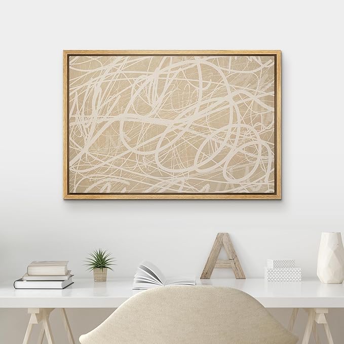 MUDECOR Framed Canvas Print Wall Art Beige Abstract Line Scribble Modern Minimal Illustrations Minimalism Decorative Bohemian Zen for Living Room, Bedroom, Office - 16"x24" NATURAL