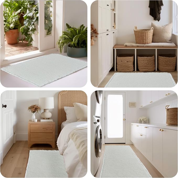 KGORGE Non Slip Waffle Bath Mat - Super Absorbent Quick Dry Soft Washable Small Bathroom Rugs with Tassels for Bathroom Floor Shower Tub Hotel Kitchen Entryway, Pure White, 18" W x 30" L, 1 Piece