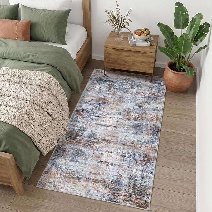 IOHOUZE Abstract Runner Rug 3x6 Ft Washable Runners for Hallways, Non Slip Kitchen Runner Printed Faux Wool Entryway Runner Indoor, Modern Abstract Floor Carpet for Hall Kitchen Bedroom, Orange Grey