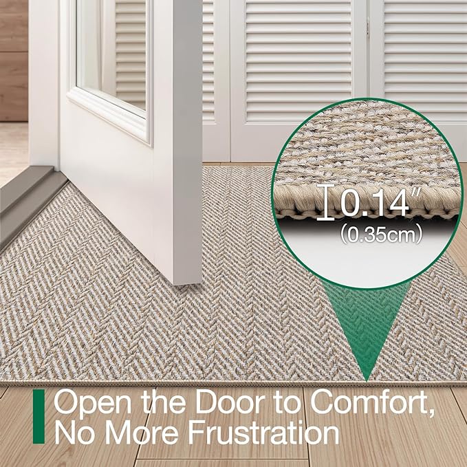 LUMI Ultra Thin Indoor Door Mat for Entrance 24"x36", Non Slip Entryway Mat, Low Profile Doormat, Unique Herringbone Design Carpet for Inside, Patio, Porch, Beige