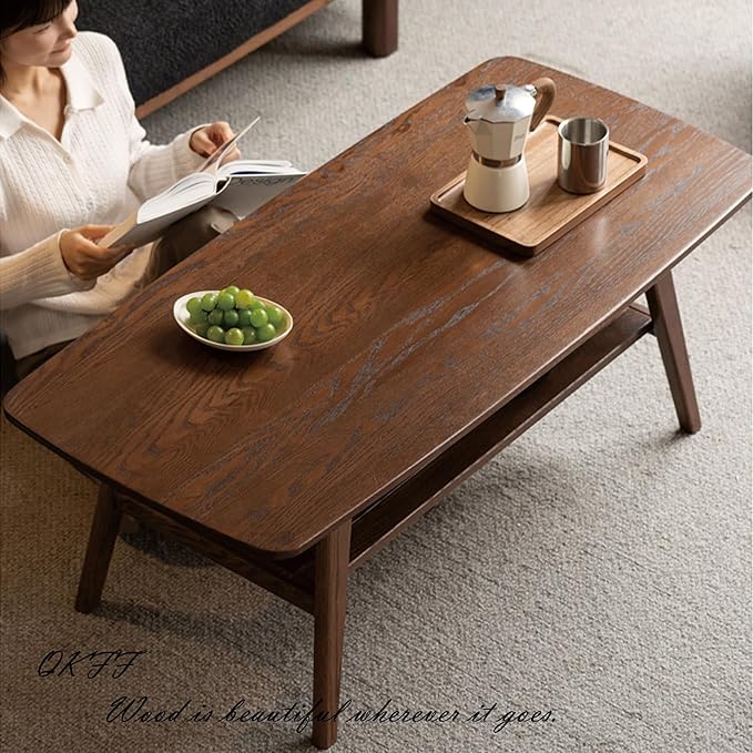 Modern Solid Oak Wood Coffee Table, 2-Tier Small Wooden Coffee Table with Storage Shelf for Living Room, Apartment, Office(32''D x 20''W x 18''H)