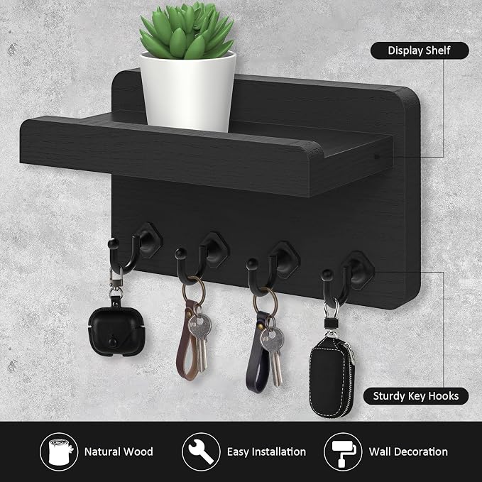 Nekon Key Holder Wall Mount, 8.5 Inch Small Home Decor Wooden Wall Organizer with 4 Hooks and Shelf, Key and Mail Holder for Living Room Entryway Kitchen (Black)