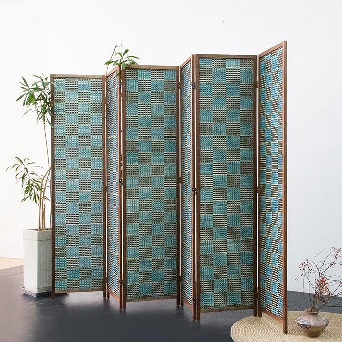 Furnnylane 6 Panel Room Divider Screen and Folding Panel Screen,Double Sided Bamboo Divider for Room Separation,Blue Square,67" H x 94.5" W