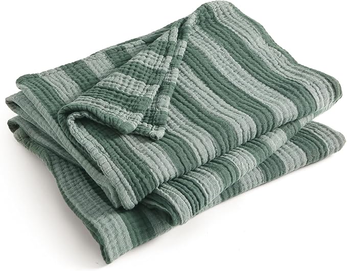 EMME Cotton Muslin Twin XL Blanket Breathable Gauze Soft Lightweight Adults Gifts for Women (Striped Forest Green, 66"x90")