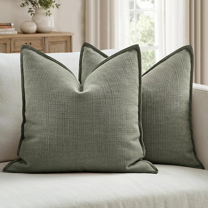 MIULEE Pack of 2 Thick Textured Couch Throw Pillow Covers 18x18, Olive Green Decorative Pillow Covers, Neutral Linen Cushion Cases for Sofa Bed Living Room Modern Farmhouse Home Decor, No Filling