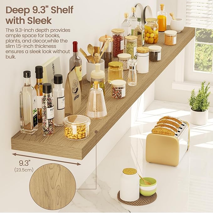 Vivelove 55 Inch Floating Shelves for Wall, 55x9 Display Shelves for Bathroom Living Room Kitchen Bedroom Office Farmhouse Home Decor - Set of 2, Oak