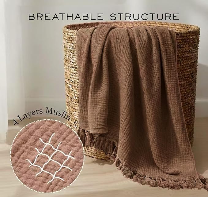KyraHome 100% Cotton Throw Blanket, 60"x80" Large Plant Dyed Lightweight Breathable Thin Soft Summer Gauze Muslin Blankets for Adults, Boho Cotton Throw for Couch, All Season (Brown)