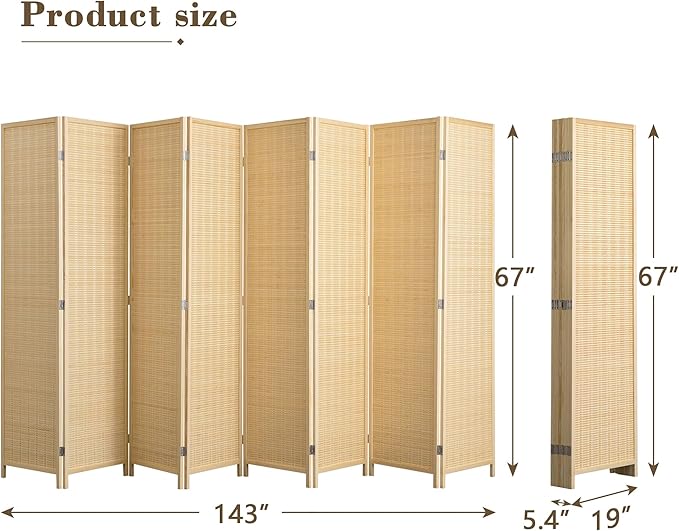 WelFurGeer 8 Panel Bamboo Room Divider, Folding Privacy Screen for Room Separation, Natural Wood Room Partitions and Dividers, Patio Privacy Panels, Decorative Wall Divider for Home, Office, Studio
