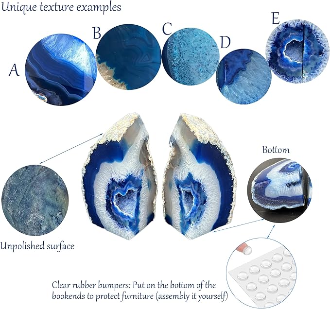 AMOYSTONE Natural Blue Agate Geode Bookends, Decorative Book Ends for Shelves, Stackable Book Stopper for Small Books, Unique Agate Stone Bookends, 2-3 LBS, Perfect for Home Office Decor
