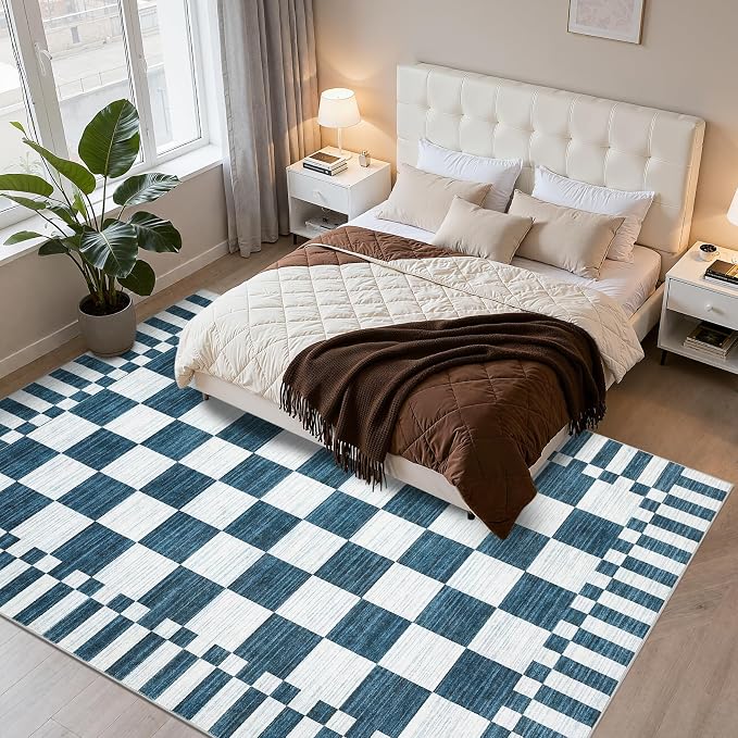 GarveeHome Blue and White Checkered Rug 6×9 Area Rugs for Living Room,Non-Slip Washable Rug Soft Low-Pile, Modern Farmhouse Geometric Rugs for Bedroom Dining Room