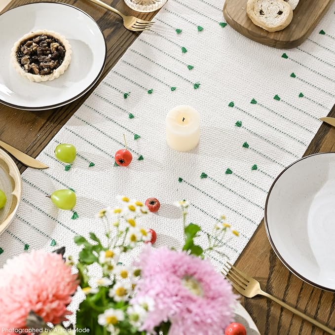Artoid Mode Dark Green Boho Table Runner for Farmhouse Rustic，Seasonal Holiday Macrame Burlap Kitchen Dining Table Decoration for Home Party Decor 12x48 Inch