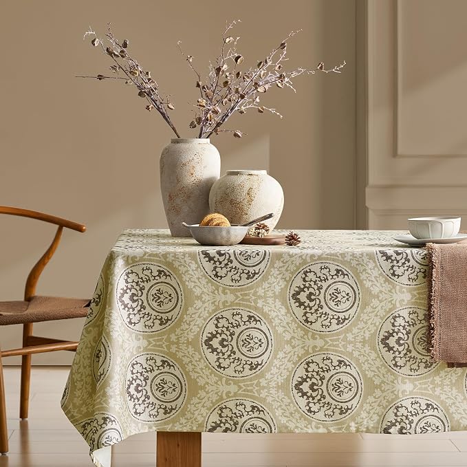 Retro Brown Floral Rectangle Tablecloth: Linen Printed Farmhouse Table Cloth - Chocolate Damask Pattern on Burlap Textured Fabric Outdoor Table Cover for Kitchen,Dining,Party,Picnic Decor, 55x120 Inch