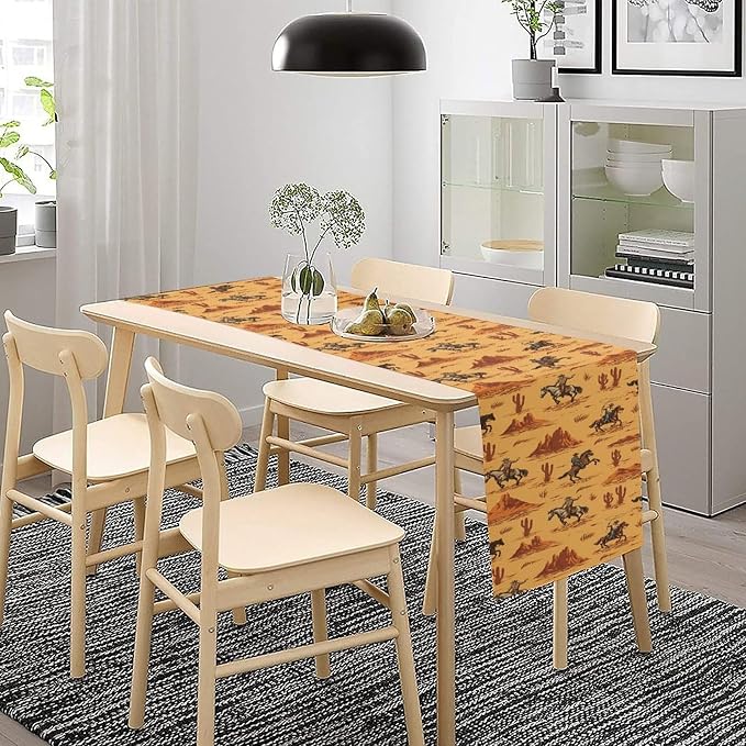 Retro Western Cowboy Table Runner, Rustic Wild West Rodeo Horses Cactus Desert Print Table Decoration for Kitchen Dining Home Party Birthday Decor, 13x36 Inch