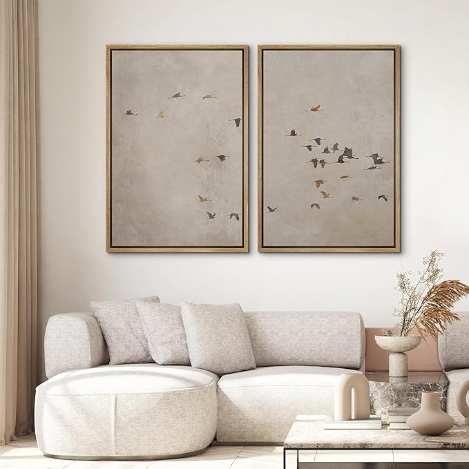 SIGNWIN Framed Canvas Print Wall Art Set Flying Birds Silhouette Minimalist Beige Illustrations Modern Minimal Decorative for Living Room, Bedroom, Office - 24"x36"x2 Natural
