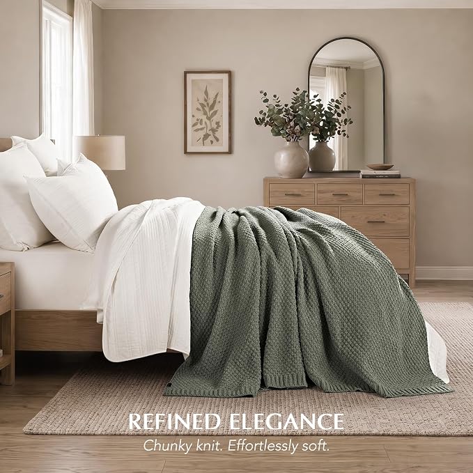 EVERGRACEHOME Chunky Chenille Knit Throw Blanket for Couch, Soft Luxurious Oversized Queen Moss Stitch Blanket for Bed, Cozy Farmhouse Knitted Throw for Sofa, Dried Thyme, 90" x 90"
