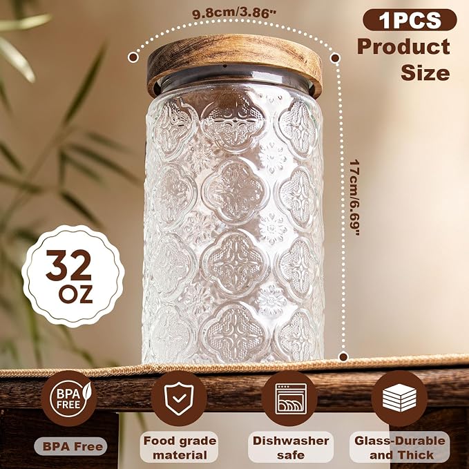 32Oz Glass Jar with Lid, Candy jar, Cute jar, Vintage Glass Storage Jar for Sugar, Coffee, Tea, Spice, Flour, Candy Cookie, Pasta, Cereal