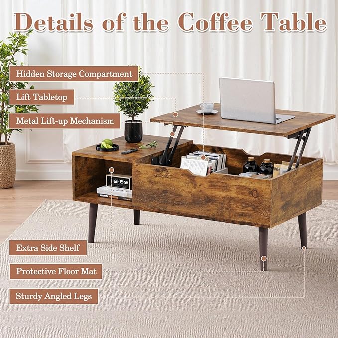 OLIXIS Wooden Coffee Table, Lift Top Coffee Table with Large Hidden Compartment and Ample Storage Shelf, Lift Tabletop Dining Table for Living Room, Home Small Space, Rustic