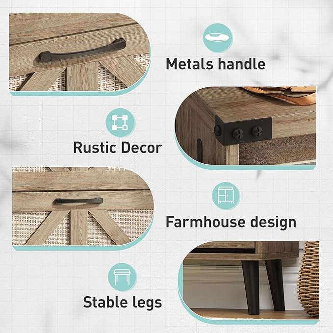 Vabches Shoe Storage Cabinet with 2 Flip Drawers,Freestanding Narrow Shoe Organizer with Open Storage,Hidden Slim Shoe Rack Cabinet for Entryway,Hallway,Rustic Oak Rattan