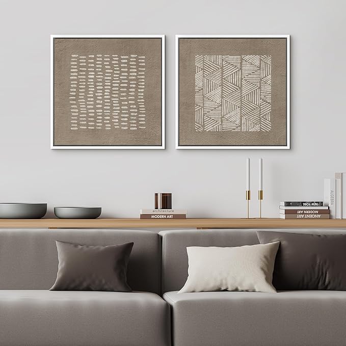 SIGNFORD Framed Canvas Print Wall Art Set Minimalist Line Patterns on Textured Background Modern Art Nordic Relax/Calm for Living Room, Bedroom, Office - 24"x24"x2 White