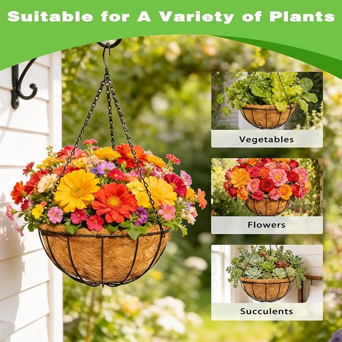 4 Pack 12 Inch Black Metal Hanging Basket Hanging Planter with Coco Coir Liner Heavy Duty Hanging Flower Pot Holder for Indoor Outdoor Patio Garden Porch Balcony Decor (Watermelon)