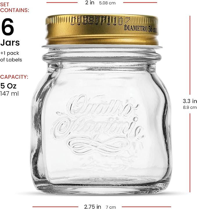 Bormioli Rocco Quattro Stagioni Small Glass Mason Jars 5 Ounce Mini Jars (6-Pack) with Metal Airtight Lid, For Jam, Jelly, baby food, Crafts, Spices, Dry Food Storage, Wedding favors, Decorating Jar