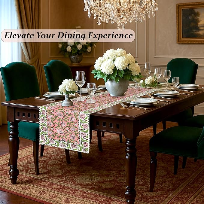 Ridhi Strawberry Pink Hand Block Print 100% Cotton Reusable Table Runner 16" X 70" Inches Table Runner Decorative Everyday Use for Dining, Home Gift for Spring, Easter, Valentine