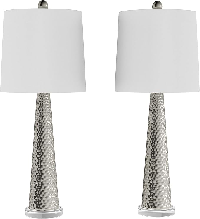 Lavish Home 30 Inch Table Lamps Set of 2 Contemporary Hammered Glass Lights for Bedroom, Living Room, and Office with Energy-Efficient LED Bulbs (Silver)