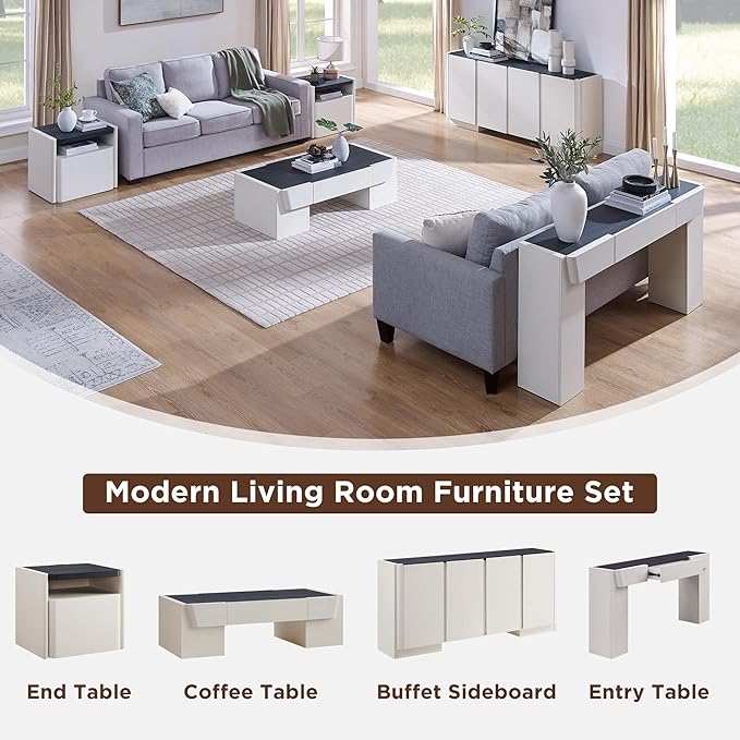 JXQTLINGMU 47" Modern Coffee Table with Storage, Wood Large Coffee Table with Drawer, Rectangle Center Table for Living Room, Antique White