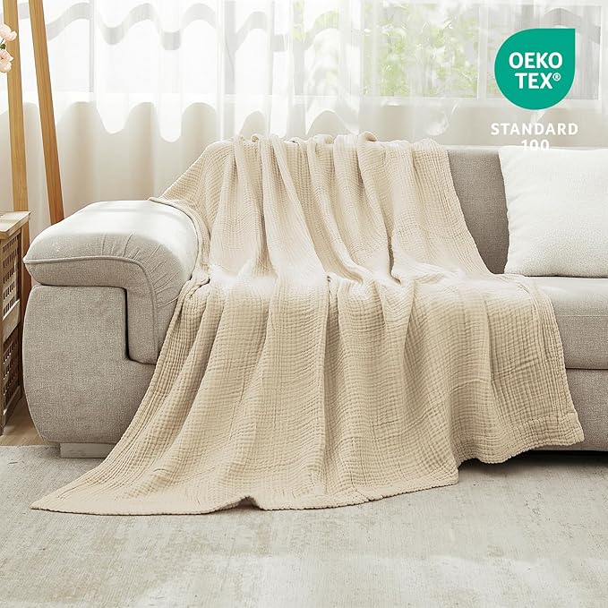 EMME Cotton Throw Blanket Large 50"x70" Gifts for Women 100% Muslin for Couch Breathable Gauze All Season Light Tan Soft and Lightweight Pre-Washed