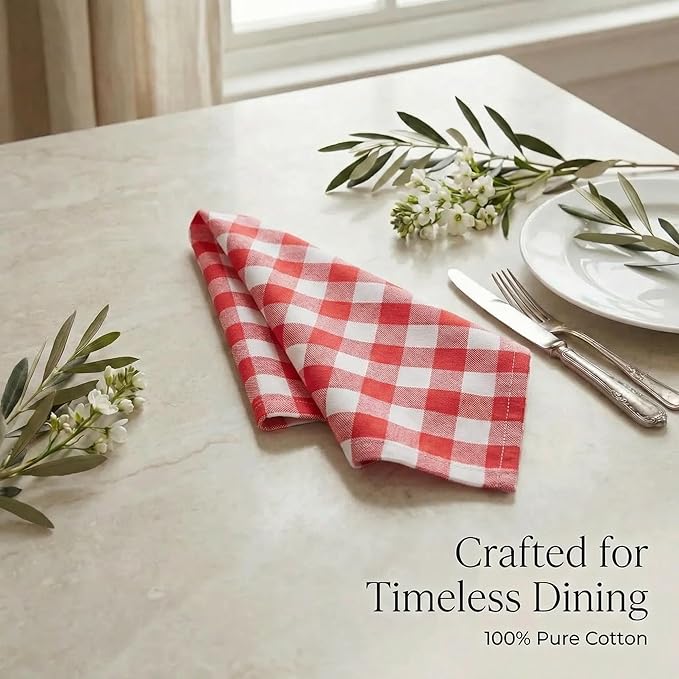 Urban Villa Cloth Napkins 100% Cotton Highly Absorbent Washable Durable Reusable Premium Dinner Napkins Ideal for Gifts for Mothers Day Hotel Farmhouse Parties - Red/White (20" x 20", Set of 12)