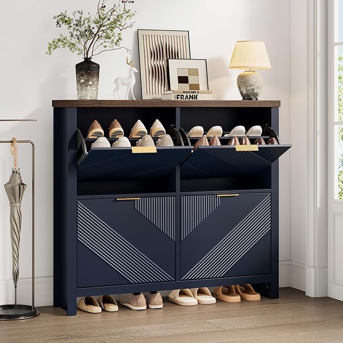 ONBRILL Shoe Cabinet with 4 Flip Drawers, 16-24 Pairs Shoe Organizer with Symmetric Groove Pattern, Freestanding Slim Hidden Shoe Storage Cabinet for Entryway, Hallway (Navy Blue)