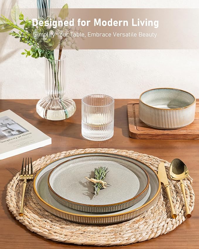 GBHOME 12-Piece Stoneware Dinnerware Set for 4 – Ribbed Ceramic Plates and Bowls, Scratch-Resistant, Microwave & Dishwasher Safe, Reactive Glaze, Celadon Mist