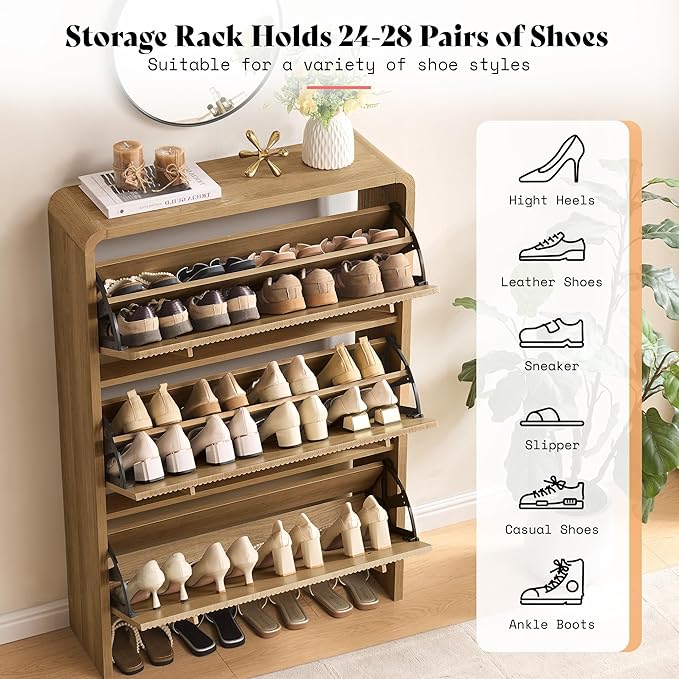 AMERLIFE Shoe Cabinet with 3 Flip Drawers, Fluted Shoe Organizer with Adjustable Shelf for Space-Saving, Freestanding Shoe Storage Rack for Entryway, Hallway, Natural Oak