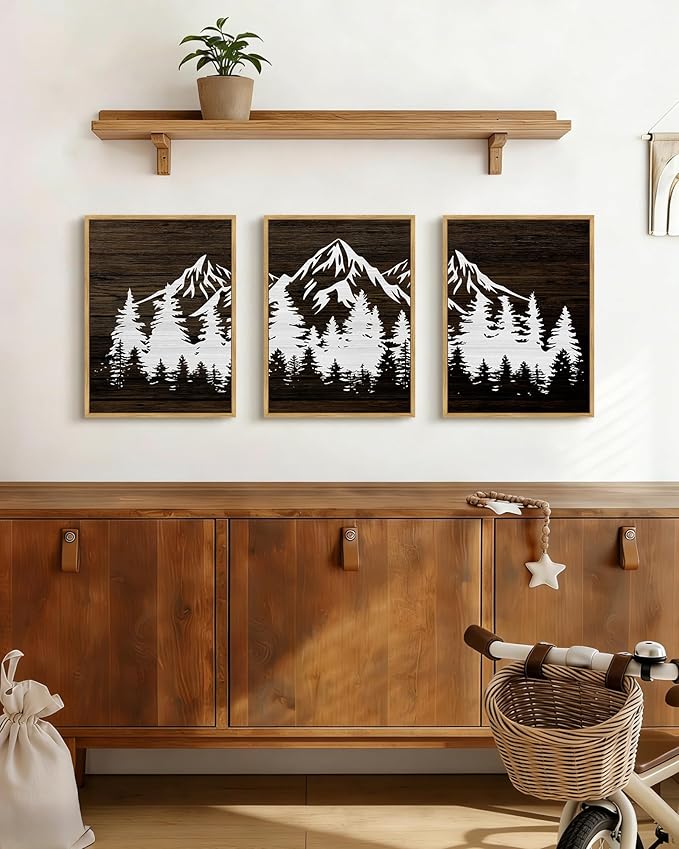 PHOPAGO Mountains Tree Framed Wall Art Boho Forest Nature Landscape Artwork Paints Morden Country Woodcut Wood Wall Decor Rustic Home Decor - 11x14in Natural Framed