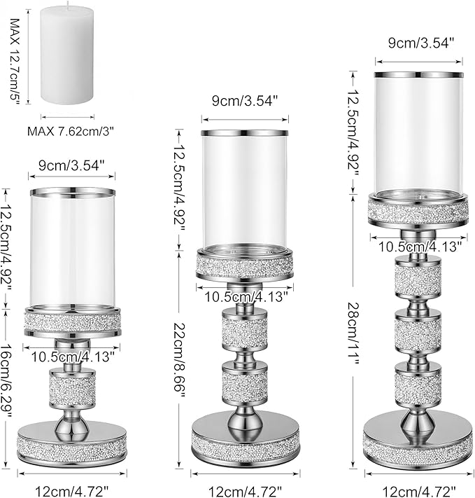Hurricane Candle Holder, 15.9" Tall Metal Candle Stand, Glass Pillar Candle Holders Crystal Silver Decorative Centerpieces for Table, Wedding and Dining Room (Fits Candles up to 3"x5", 3pcs, S+M+L)