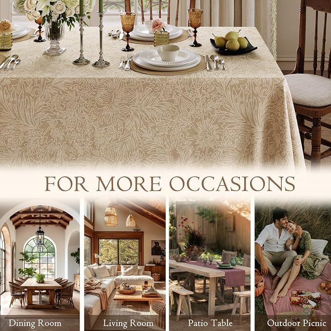 Beige Thick Linen Tablecloth for Rectangle Tables, Waterproof Wipeable Decorative Table Cover for Dining Kitchen Indoor Outdoor, 55" x 79", 4-6 Seats