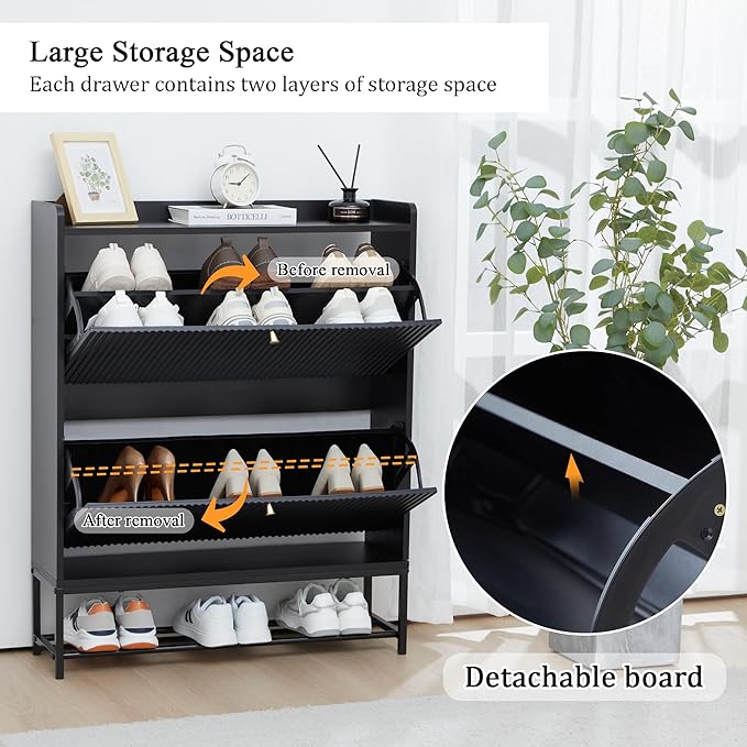 RARZOE Set of 2 Fluted Shoe Cabinets for Entryway with 2 Flip Drawers, Narrow Wood Shoe Cabinet with Fluted Panel, Freestanding Hidden Shoe Rack with Metal Legs for Foyer,Hallway(31.5''Black)