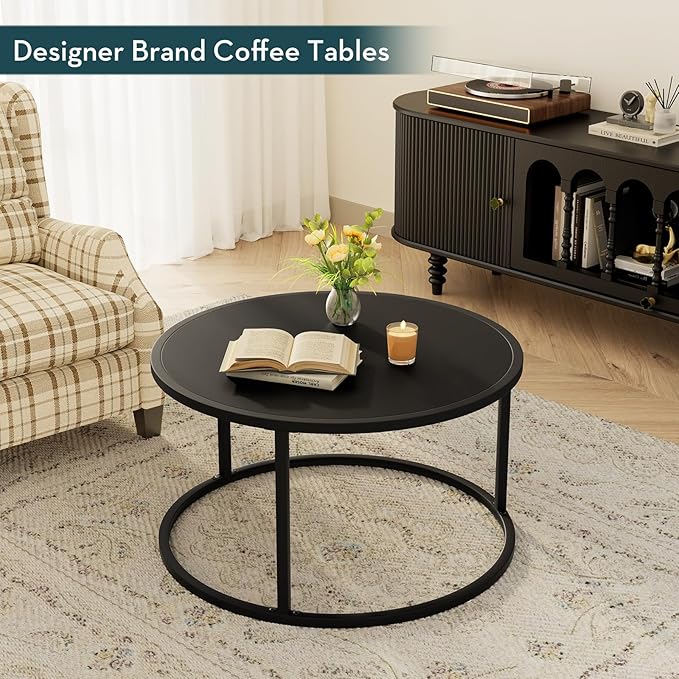 SAYGOER Small Round Coffee Table, Black Coffee Tables for Living Room, Modern Center Table for Small Space Home Office Gardern, 27.6 × 27.6 × 17.7inch, Black