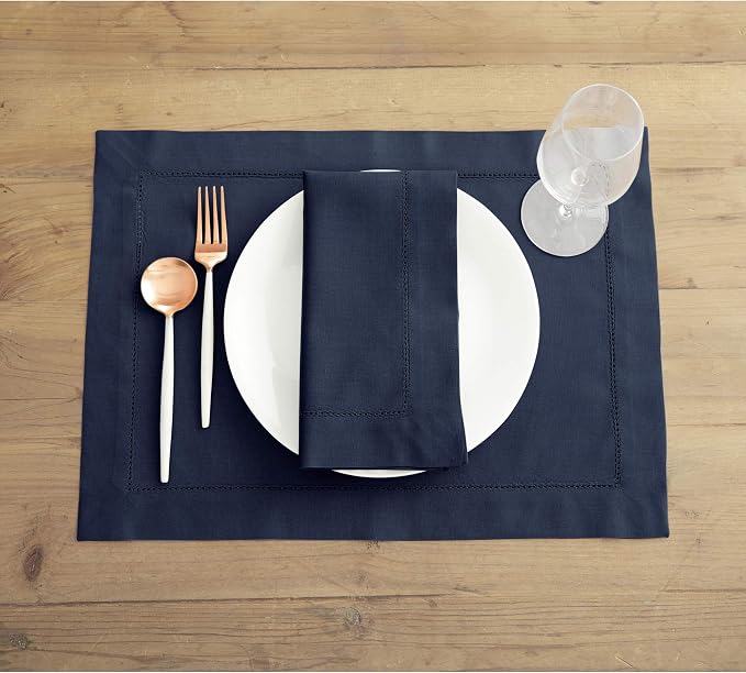 Solino Home Navy Blue Napkins Set of 4 - Cotton Linen Hemstitch Dinner Napkins Cloth 20 x 20 Inch for Summer, 4th of July - Handcrafted and Machine Washable