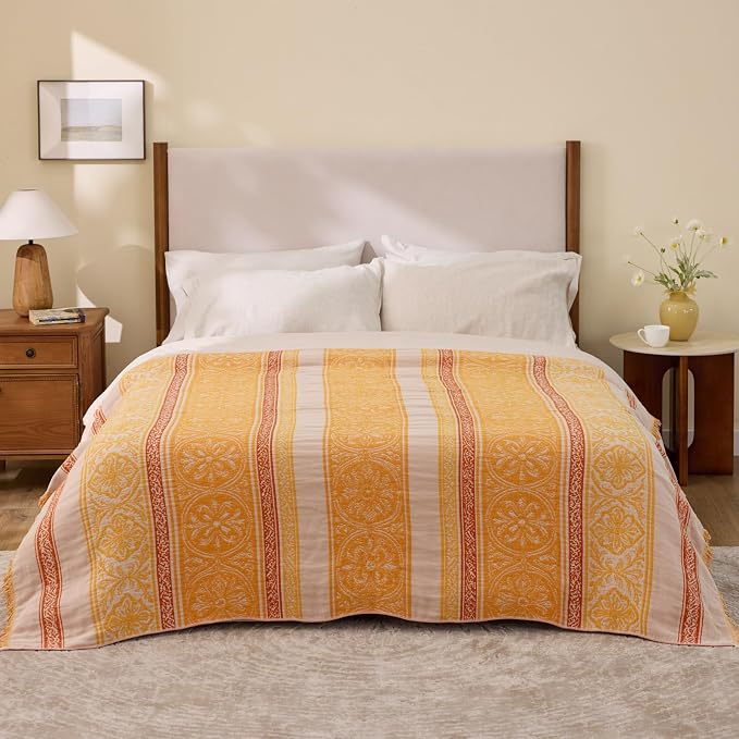 100% Cotton Boho Throw Blanket for Home Decor – Classic Farmhouse Quilt Bedding, Muslin Blankets for Adults, Vintage Woven Decorative Blanket for Couch, Bed Layering Use, Bohemian Stripe, 50"x60"